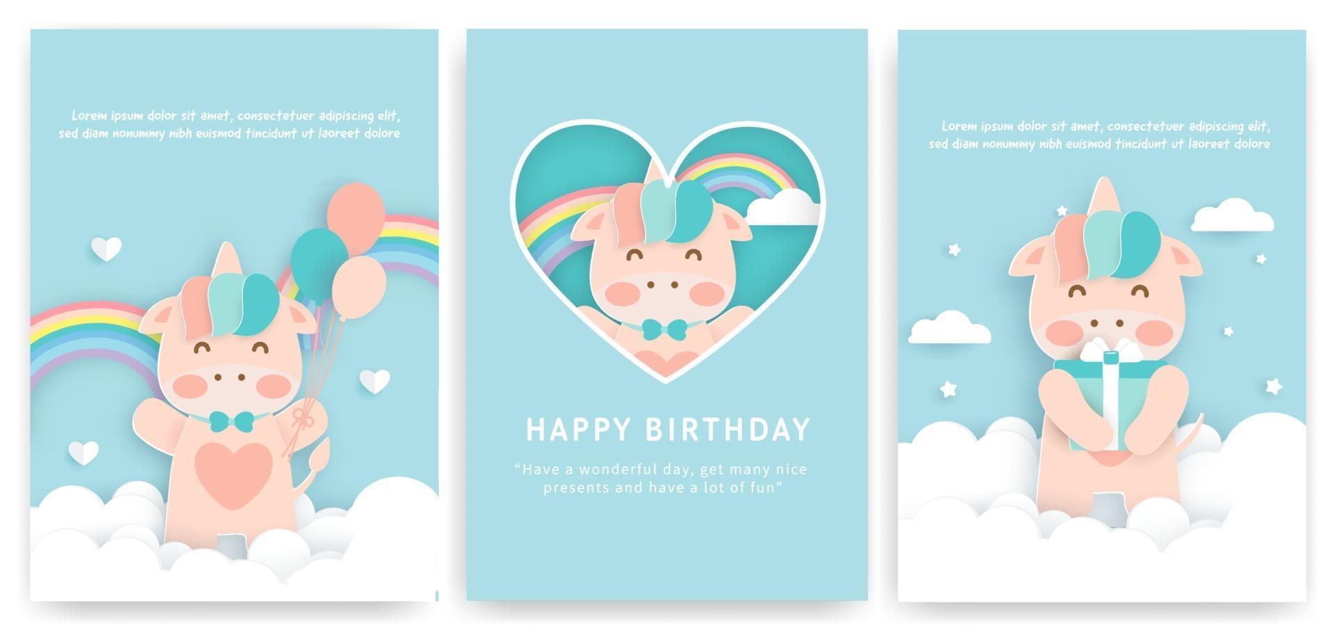 Set of baby shower cards with cute unicorn . vector