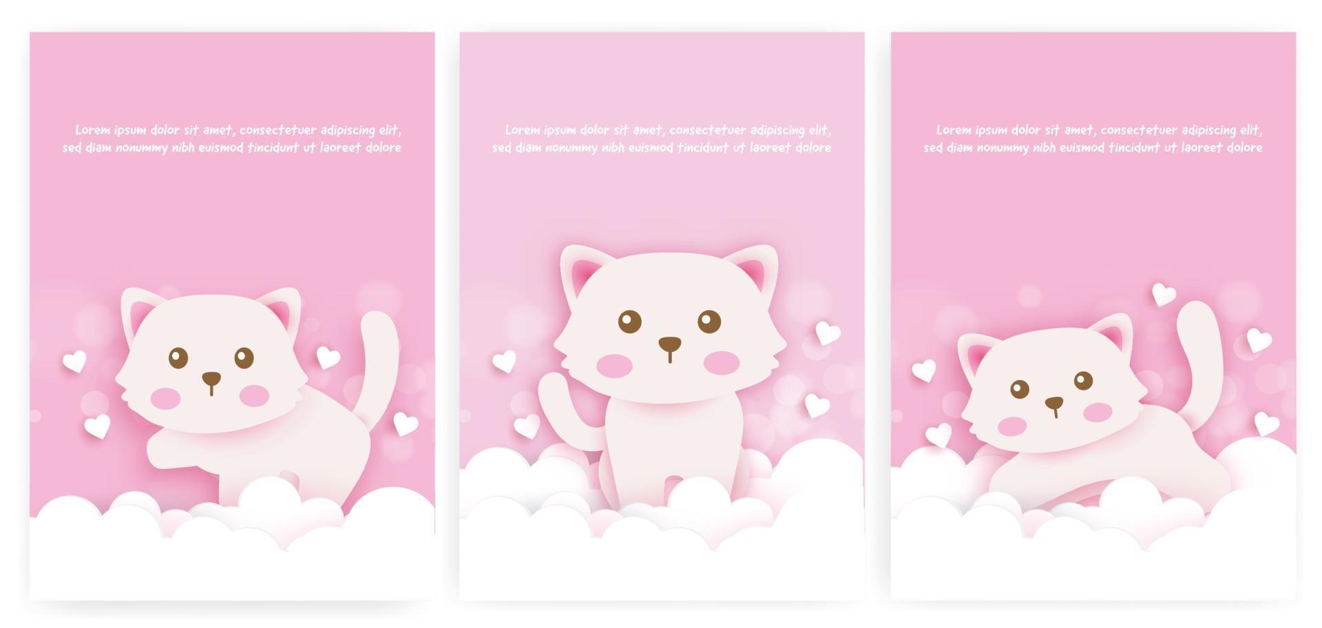 juego de tarjetas de baby shower y tarjetas de cumpleaños con un lindo gato en estilo de corte de papel. vector