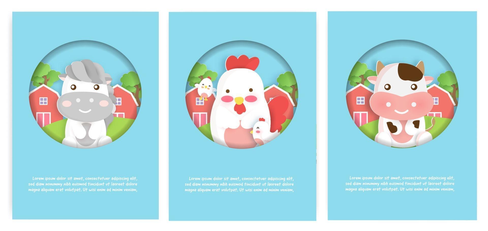 juego de tarjetas de animales de granja con linda casa, gallinas y vacas para tarjetas de cumpleaños. vector