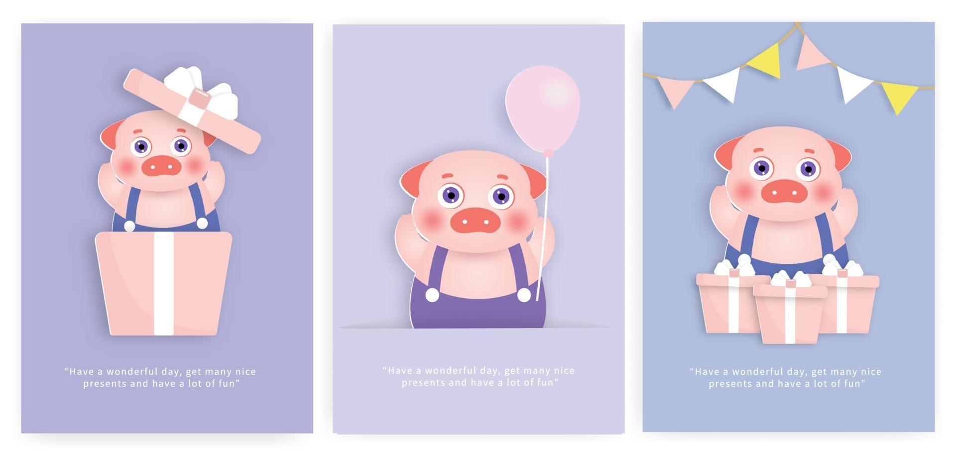 juego de tarjetas de baby shower y tarjetas de cumpleaños con cerdo lindo. vector