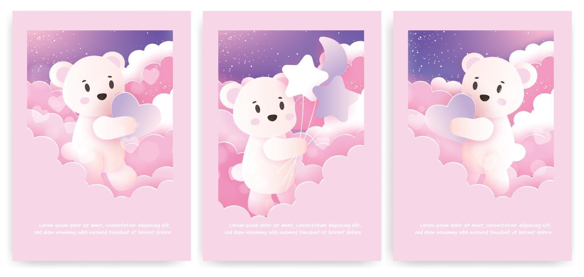 Set of greeting cards with cute teddy bear in pastel color. vector