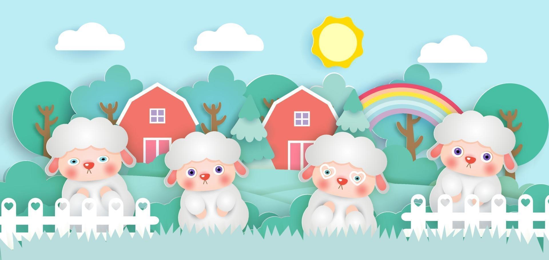 Scene with cute sheeps in a farm  paper cut style. vector