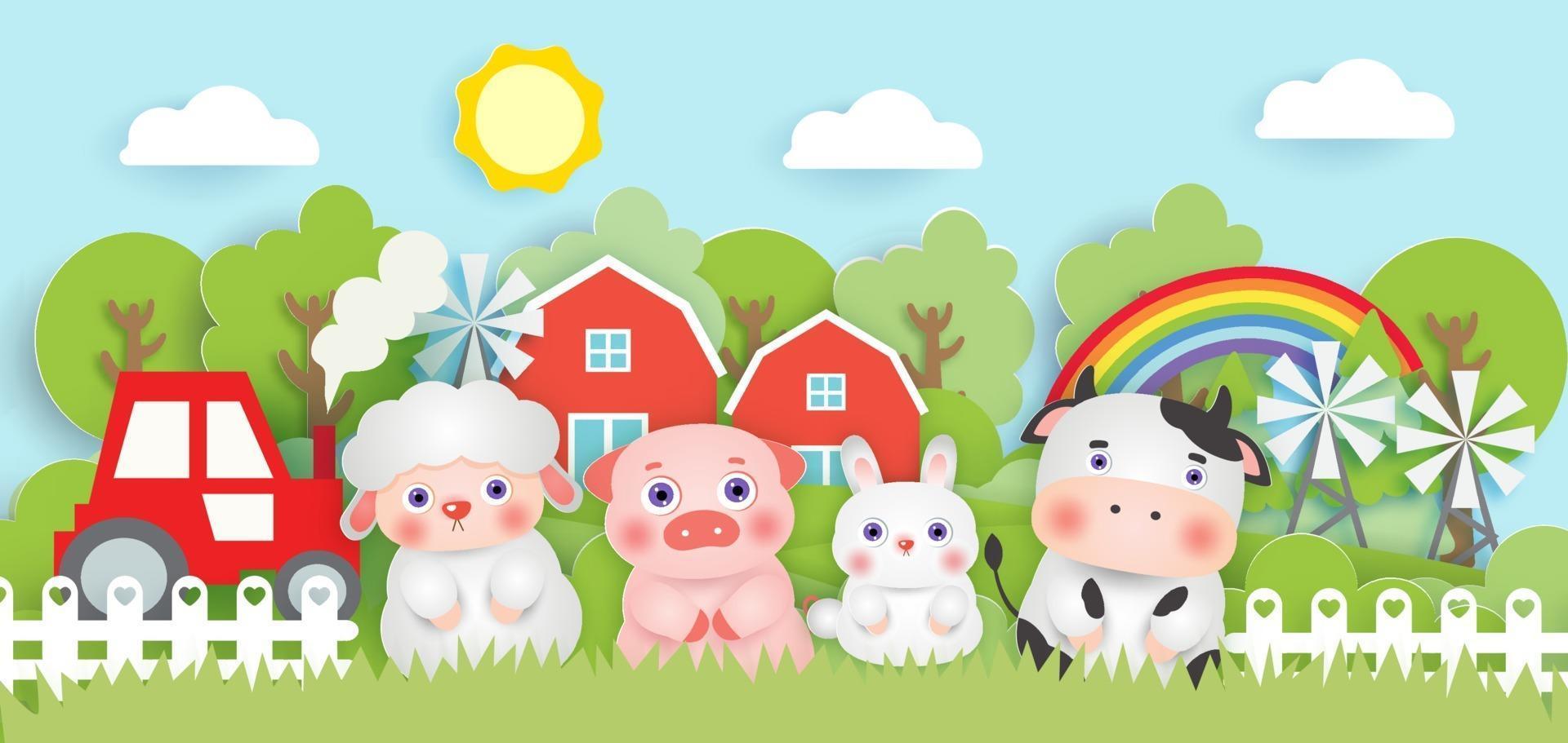 Scene with cute farm animals in the farm  paper cut style. vector