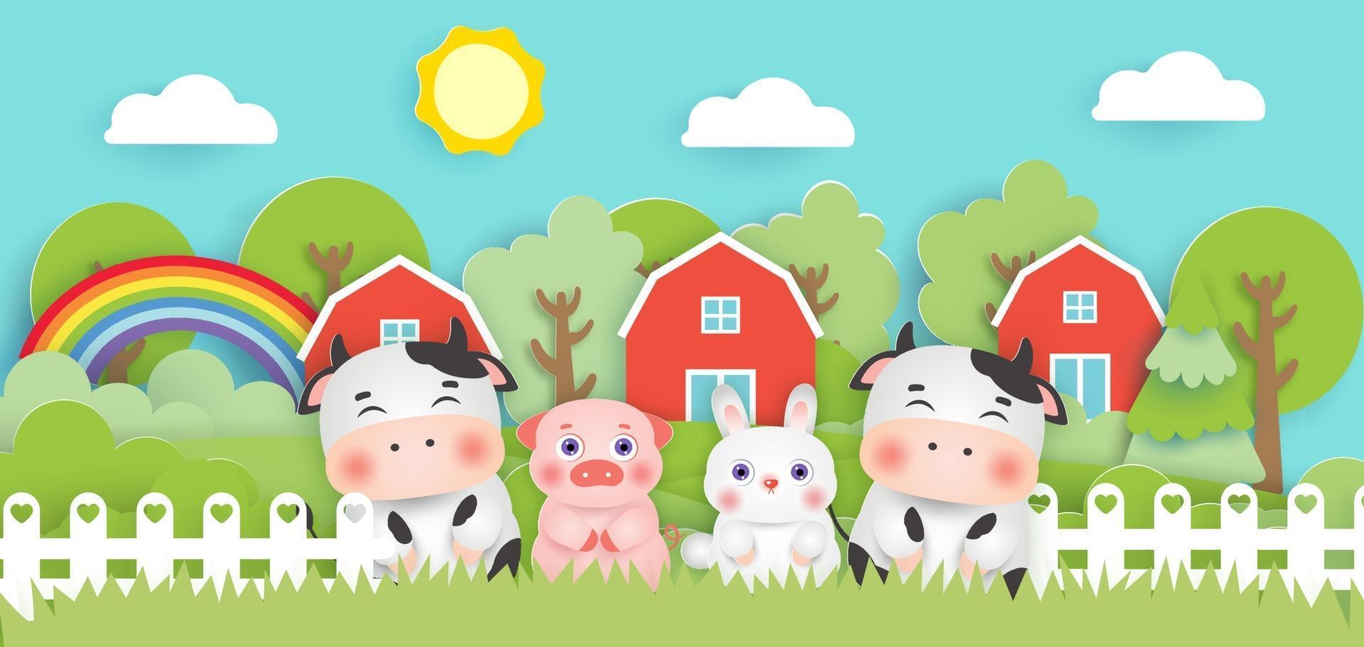 Scene with cute farm animals in the farm  paper cut style. vector