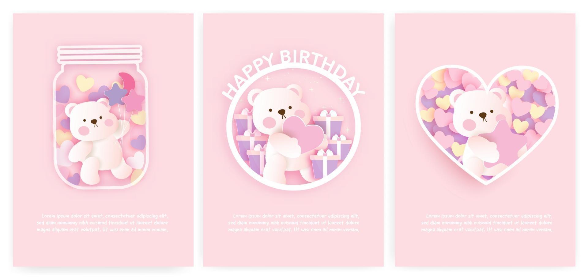 juego de tarjetas de baby shower y tarjetas de cumpleaños con lindo oso. vector