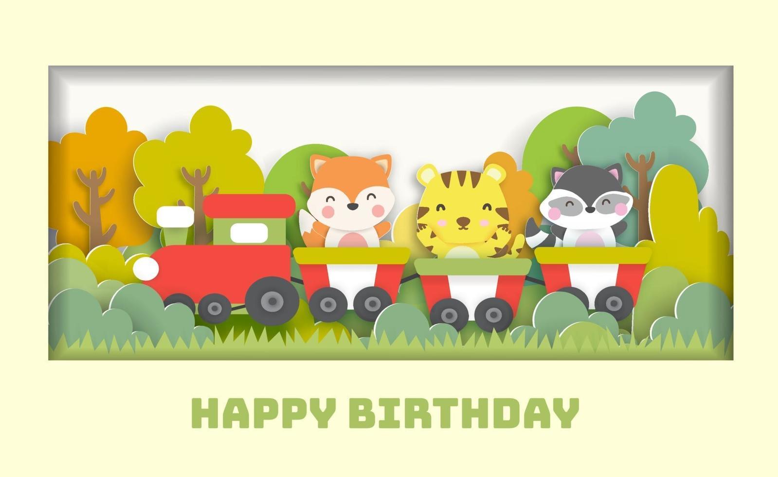 tarjeta de cumpleaños con lindos animales de pie en un tren en el bosque vector