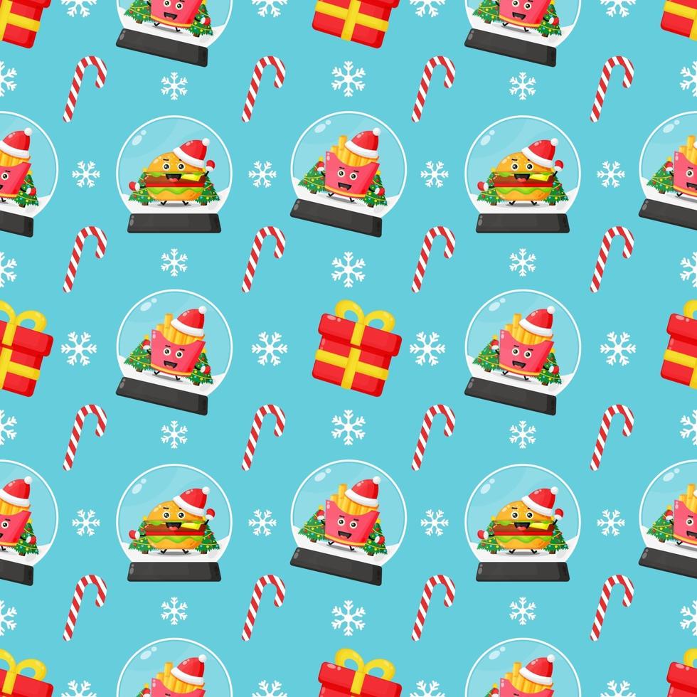 Christmas themed seamless pattern with cute fast food mascot vector