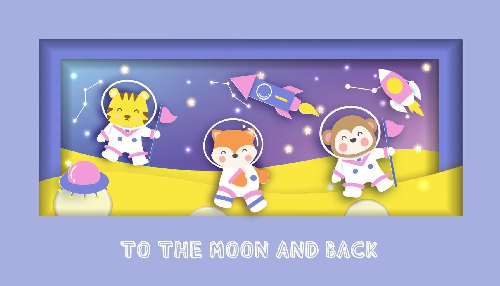 Baby shower card with cute animals standing on the moon vector