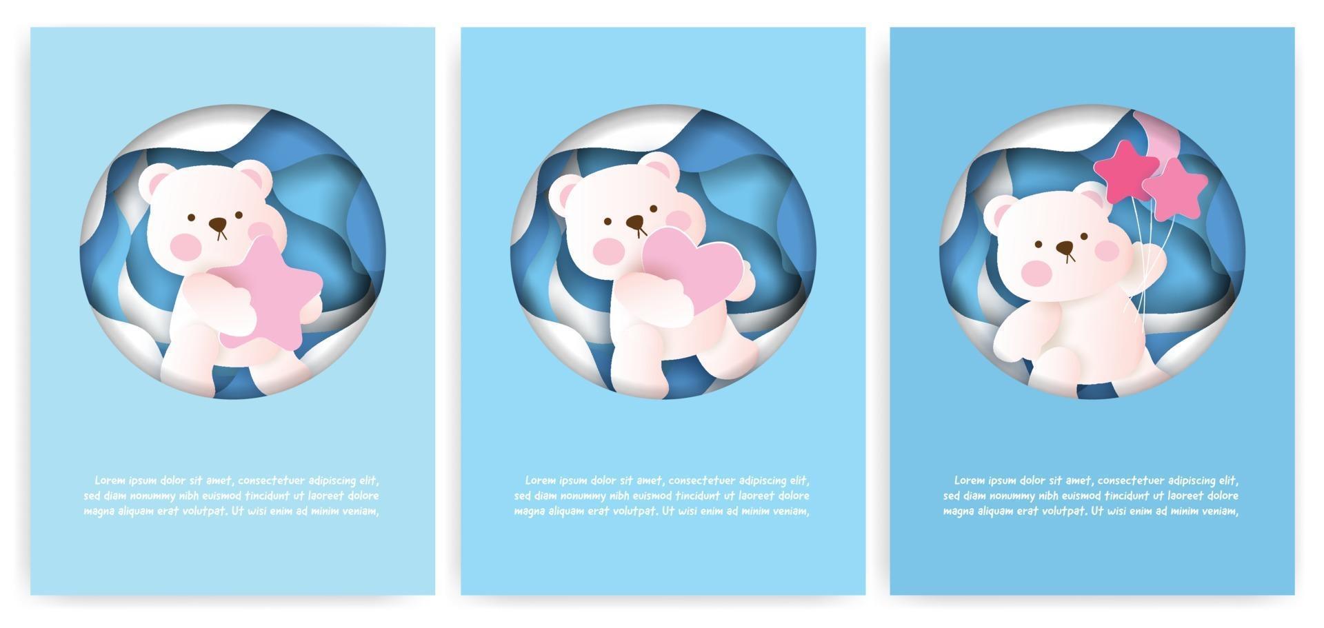 Set of greeting cards with cute teddy bear in pastel color. vector