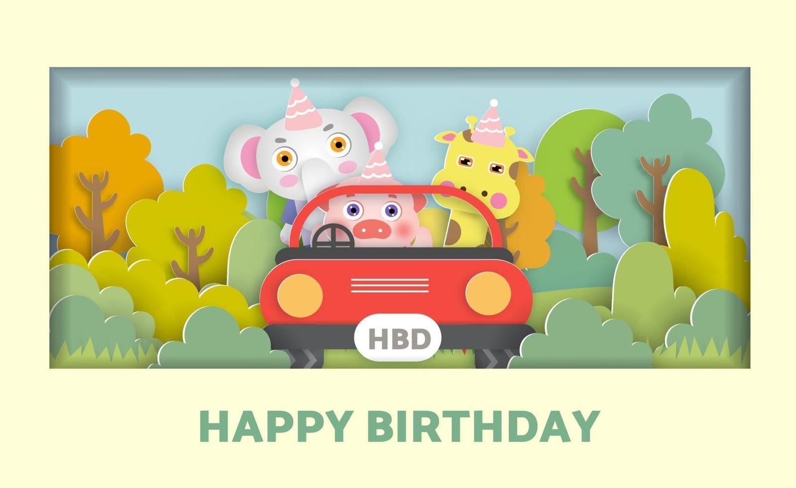 Tarjeta de cumpleaños con lindos animales en un automóvil en el bosque. vector