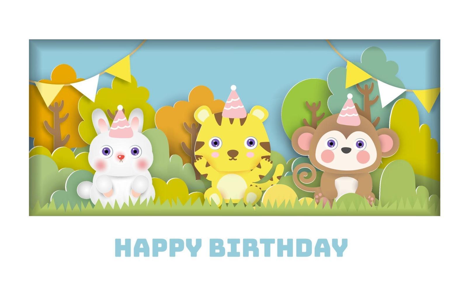 Tarjeta de cumpleaños con linda fiesta de animales en el bosque en estilo de corte de papel. vector