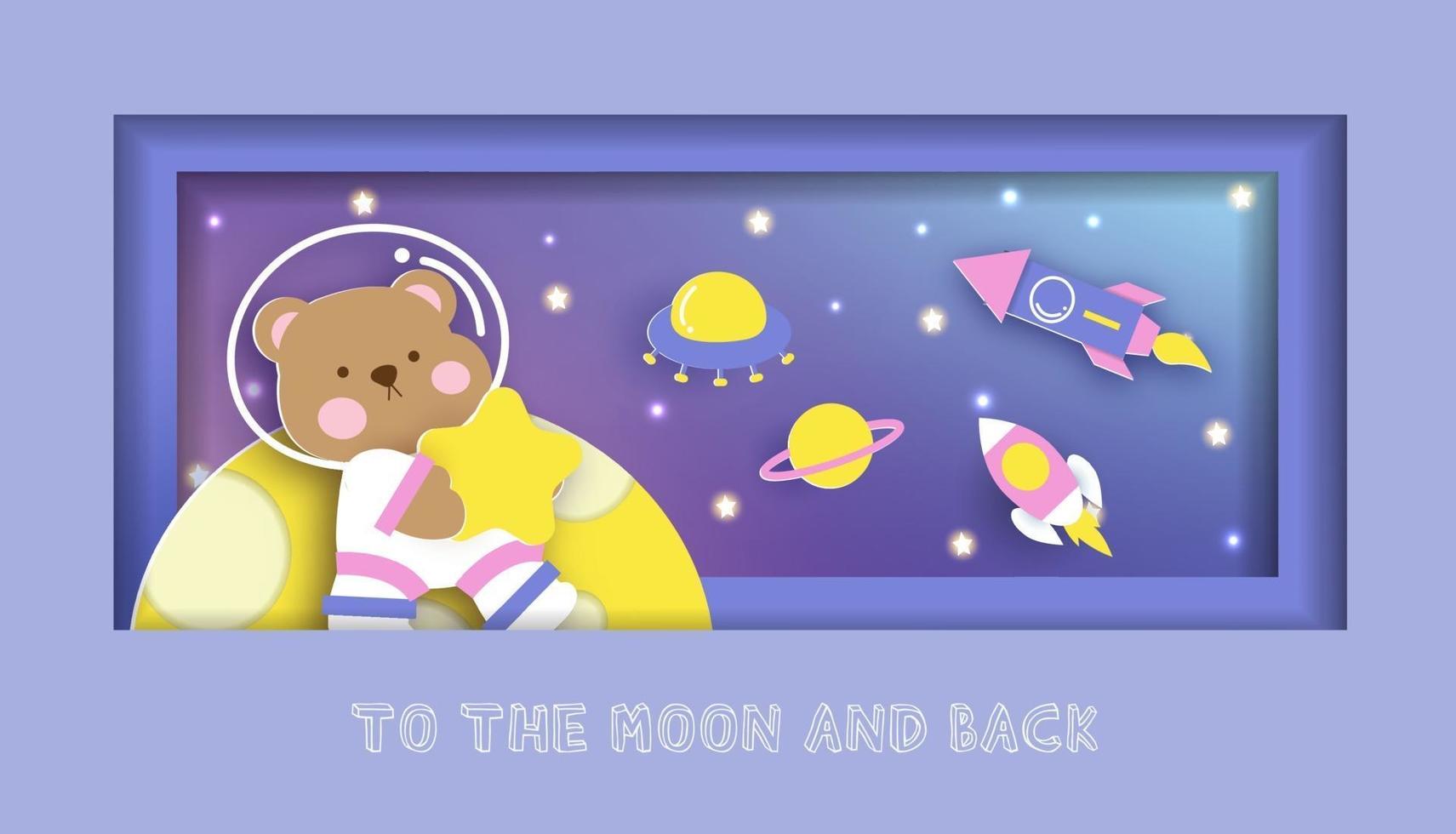baby shower card with cute teddy bear standing on the moon vector
