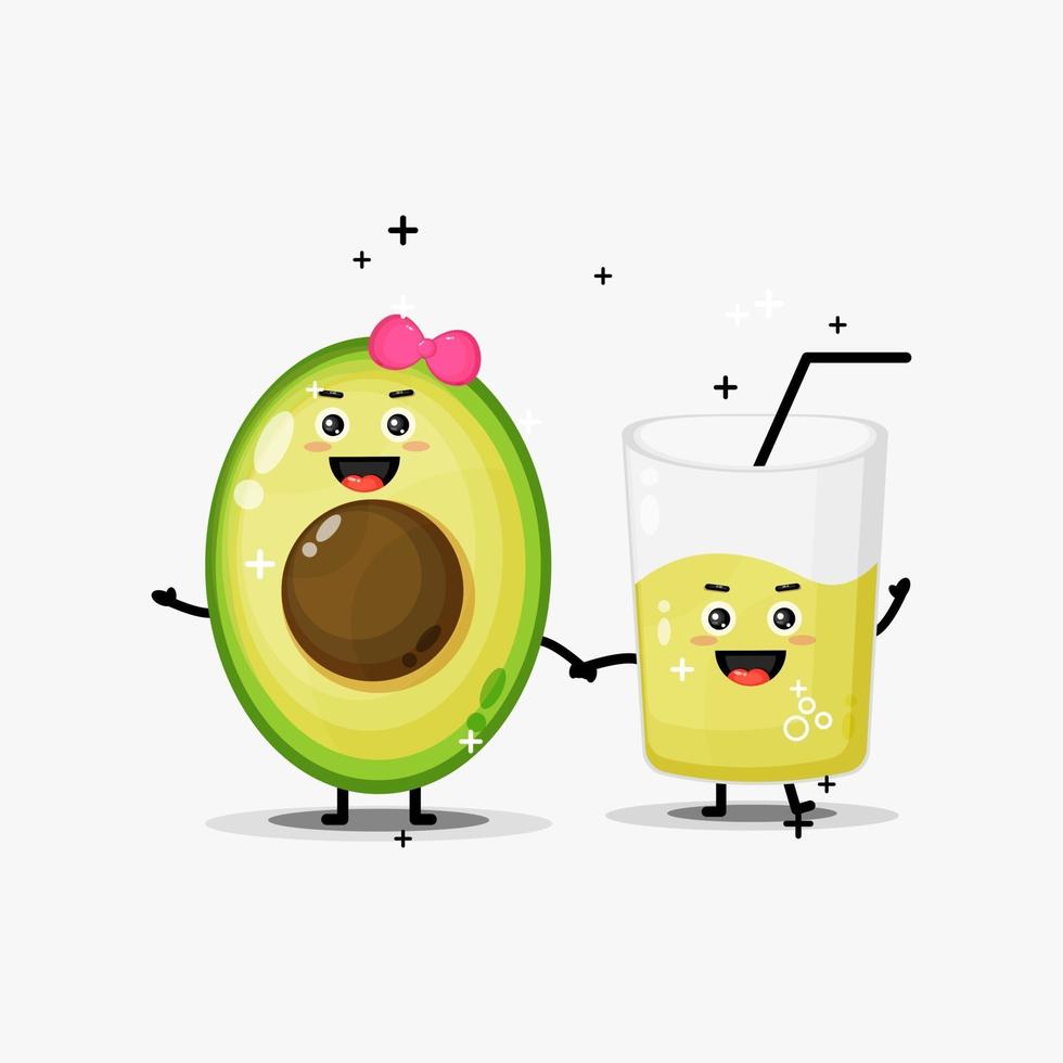 Cute avocado and avocado juice mascot holding hands vector