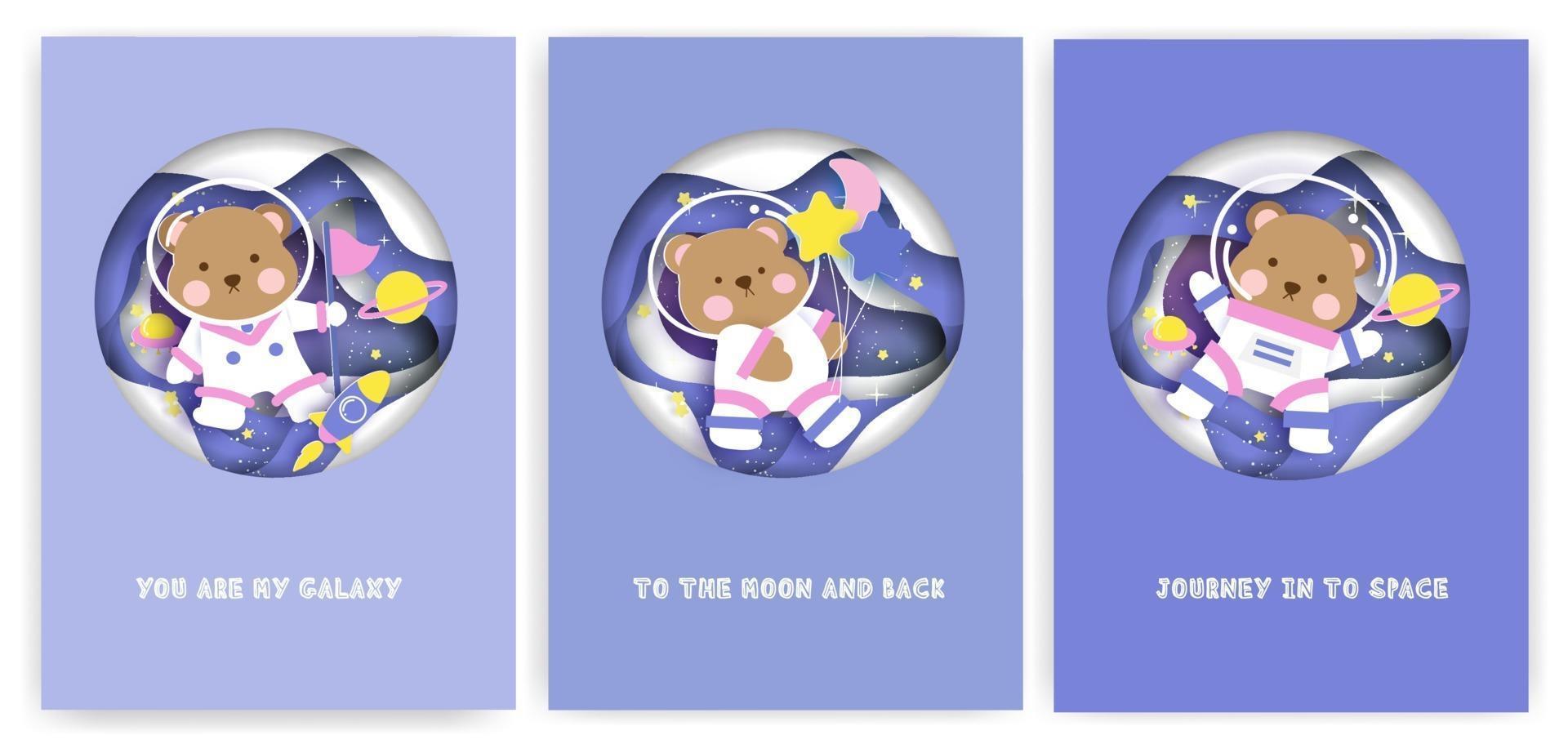 Set of baby shower greeting cards with cute teddy bear in the galaxy. vector