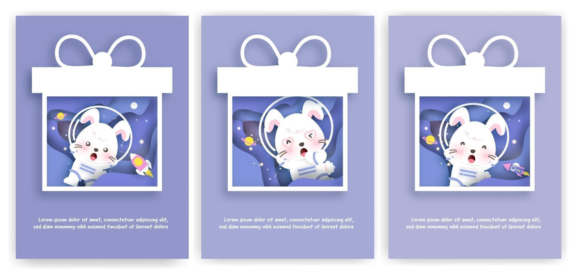 Set of baby shower greeting cards with a cute rabbit in space vector