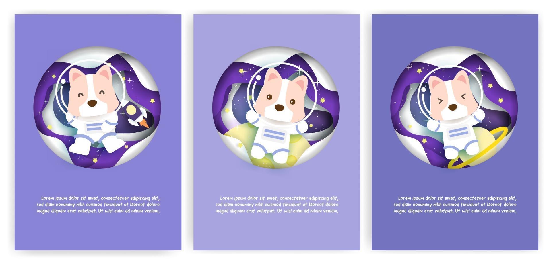 Set of baby shower greeting cards with a cute dog in space vector