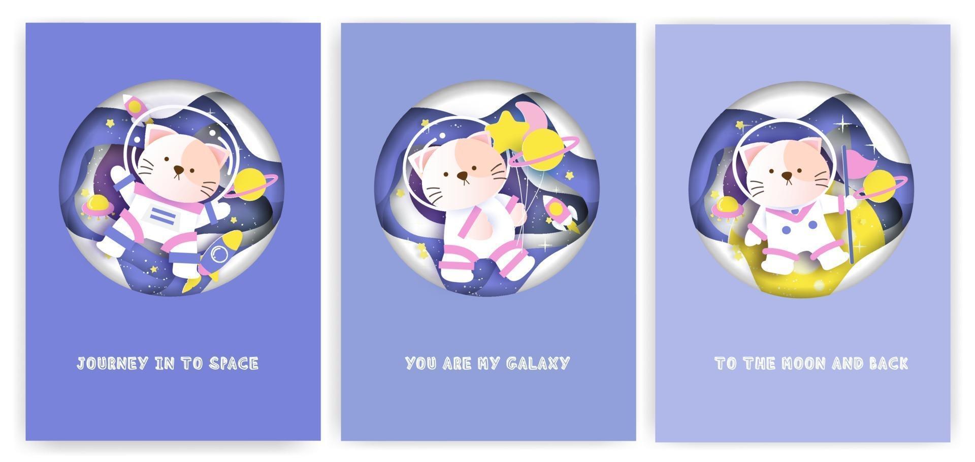 conjunto de tarjetas de felicitación para baby shower con un lindo gato en la galaxia. vector