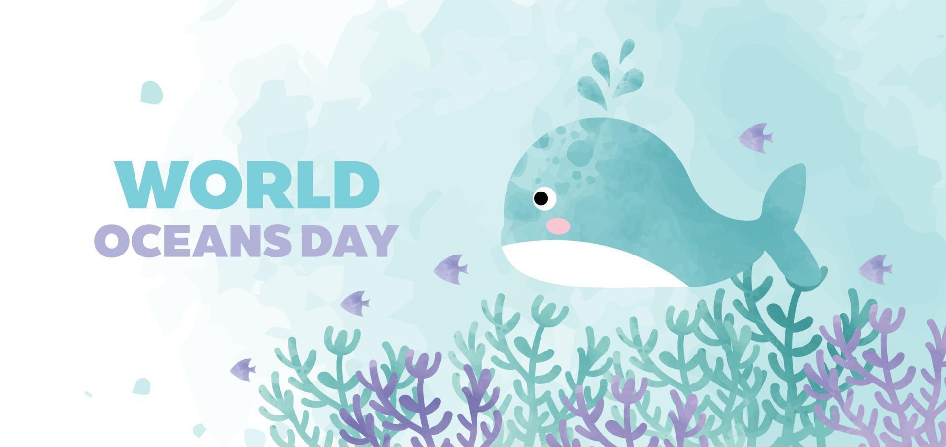 world oceans day banner with cute whale in water color style . vector