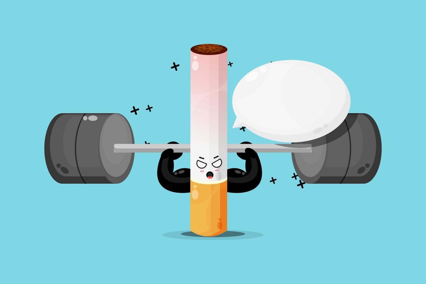 Cute cigarette mascot raises a barbell vector