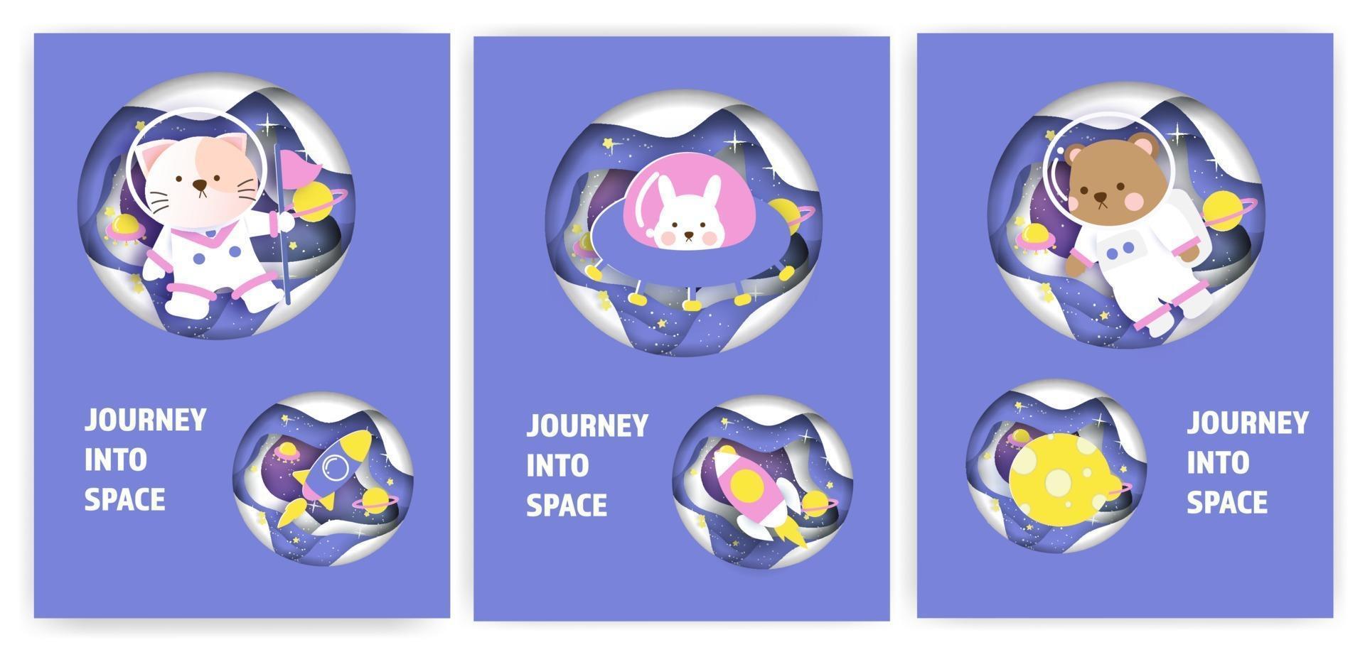 Set of baby shower greeting cards with a cute animals journey into the galaxy . vector