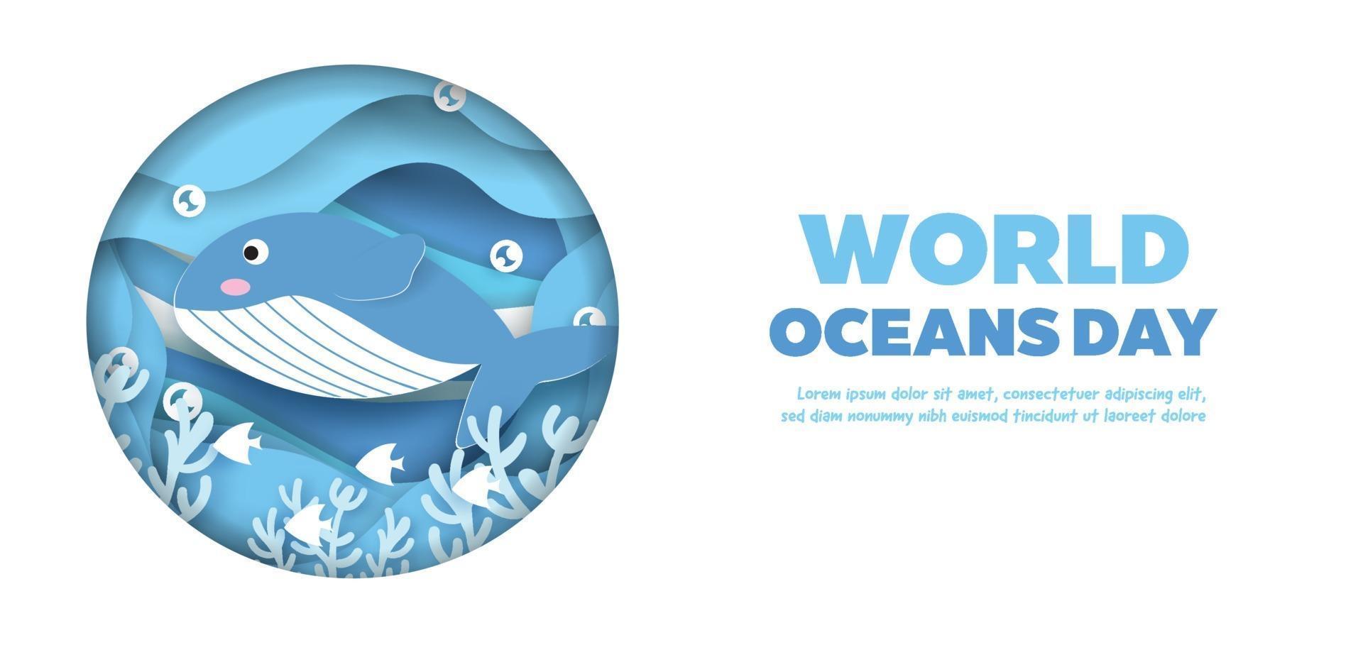 world oceans day banner with cute dolphin in paper cut style. vector