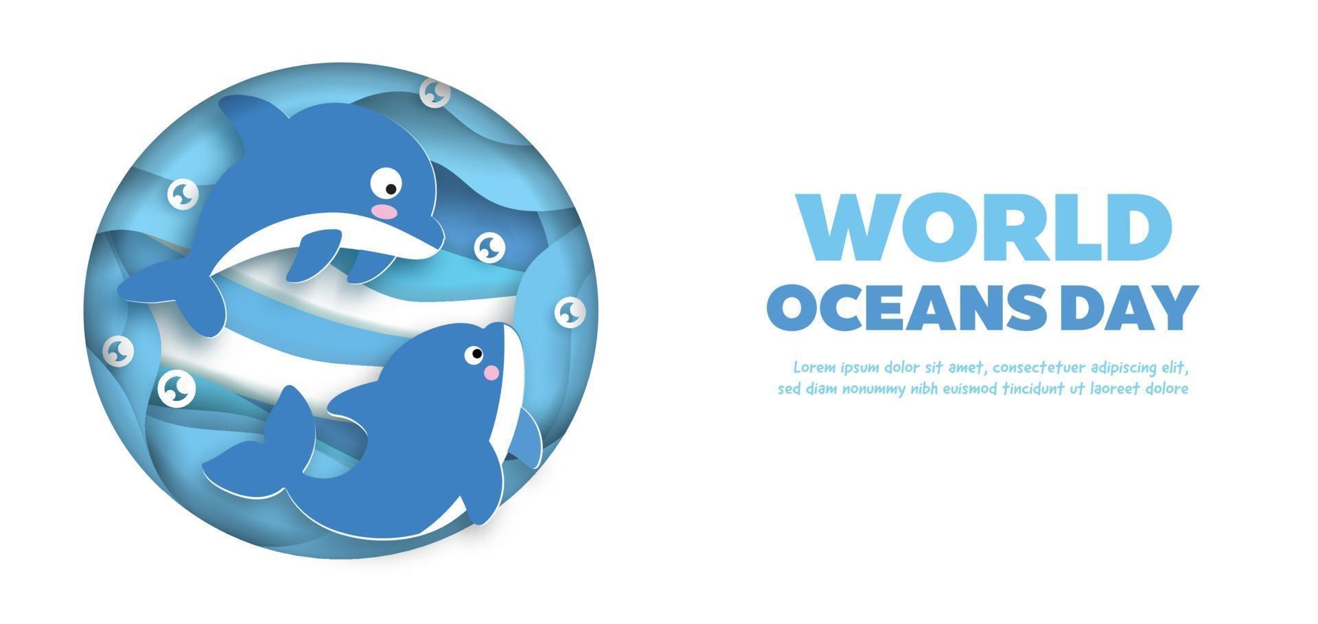 pancarta del día mundial de los océanos con un lindo delfín en estilo de corte de papel. vector