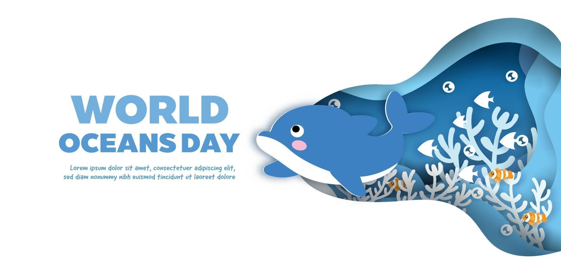 world oceans day banner with cute dolphin in paper cut style. vector