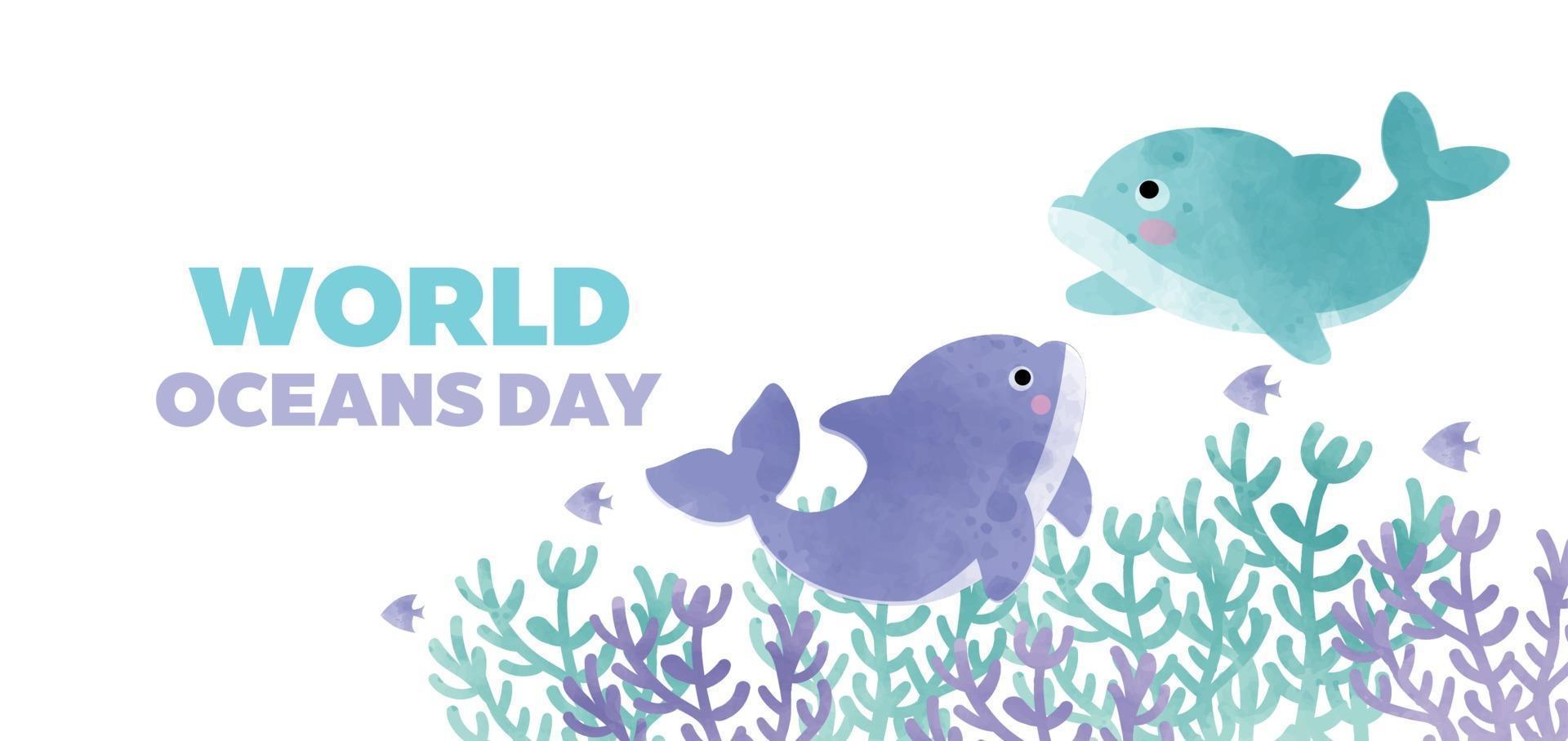 world oceans day banner with cute dolphin in watercolor style vector