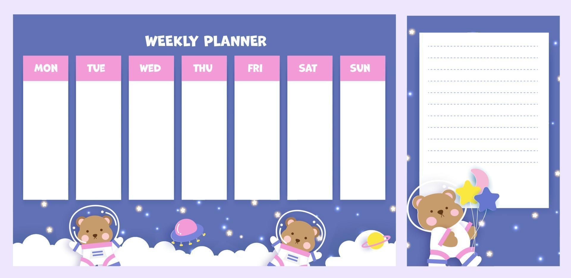 weekly planner with cute bear in space vector