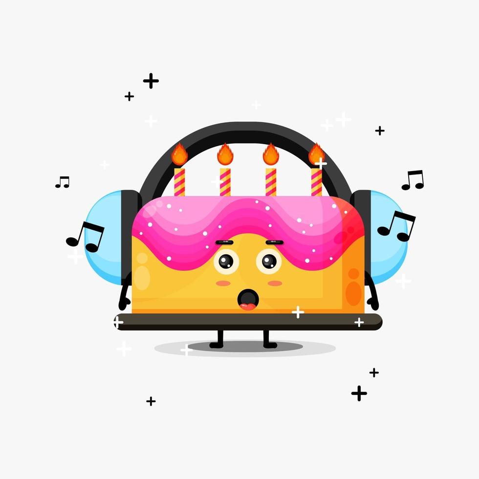 Cute birthday cake mascot listening to music vector