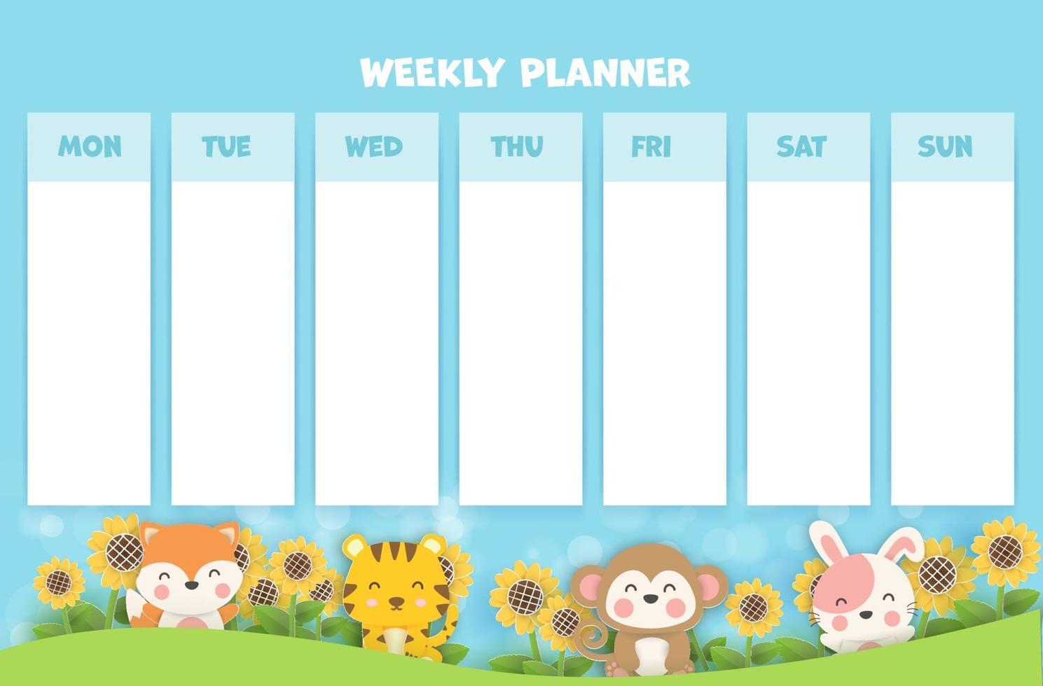 paper art  weekly planner with cute animals. vector