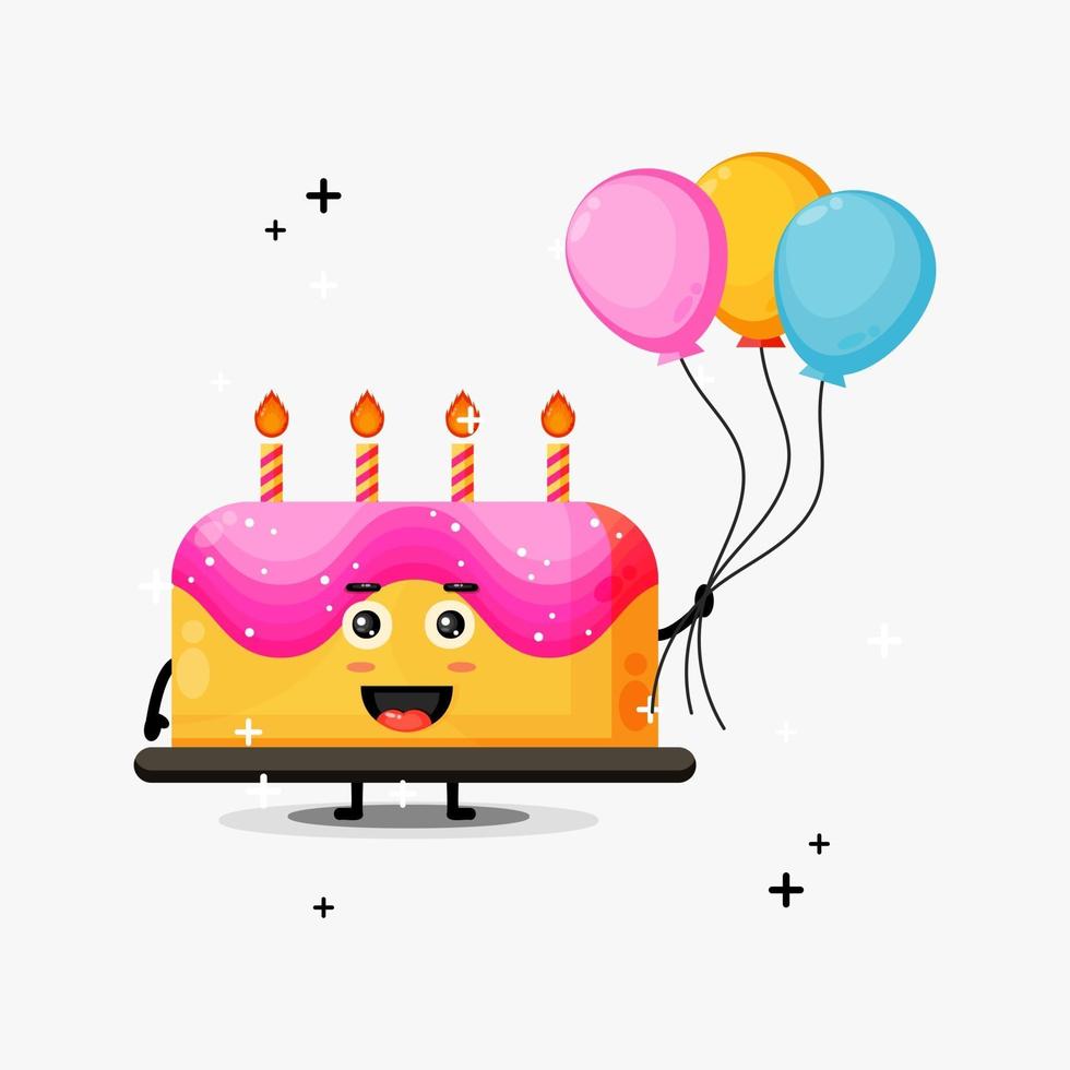 Cute birthday cake mascot carrying balloons vector