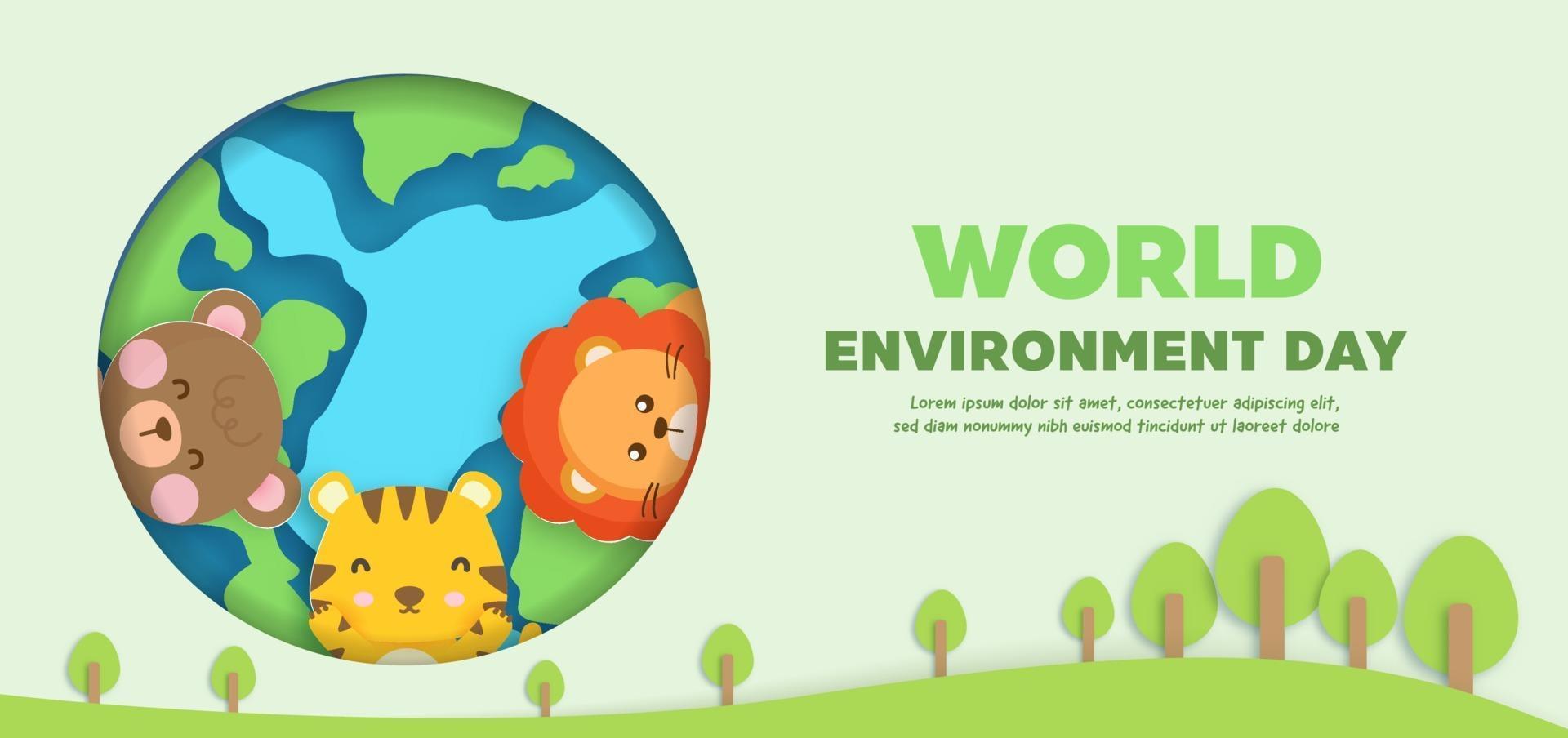 world environment day  banner with cute animals in paper cut style. vector