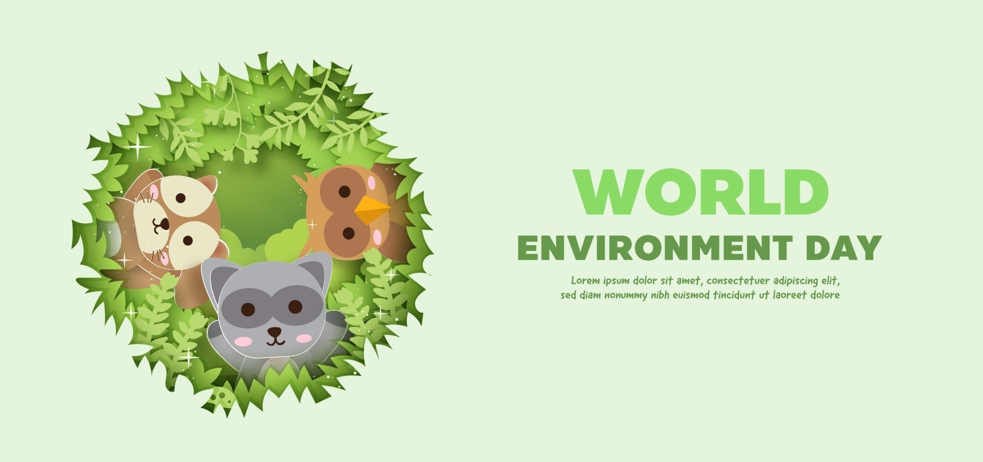 pancarta del día mundial del medio ambiente con lindos animales en estilo de corte de papel. vector