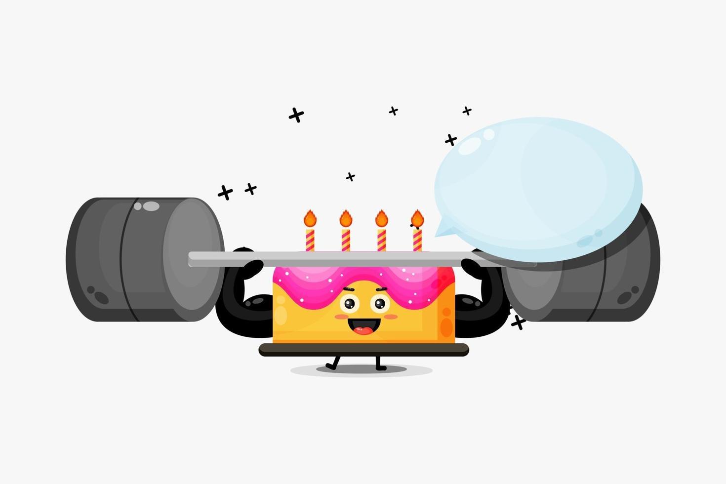 Cute birthday cake mascot lifting a barbell vector