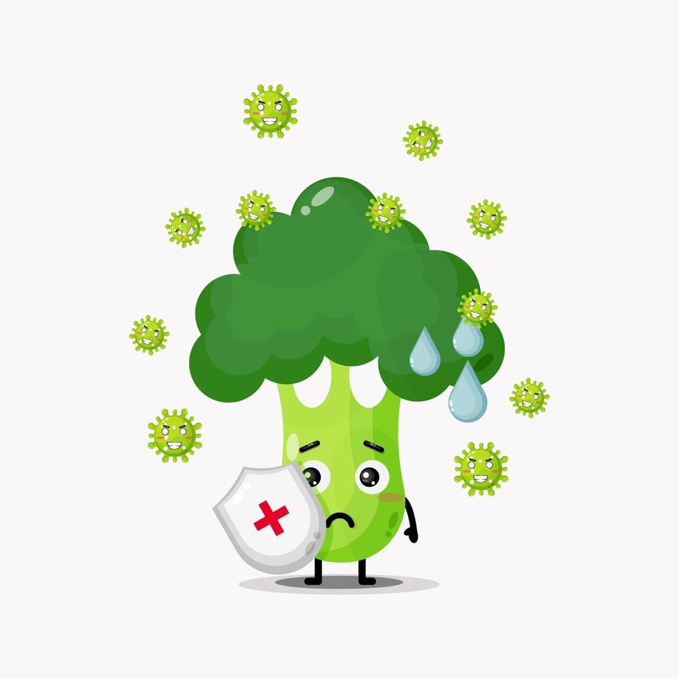 Cute broccoli mascot against coronavirus vector