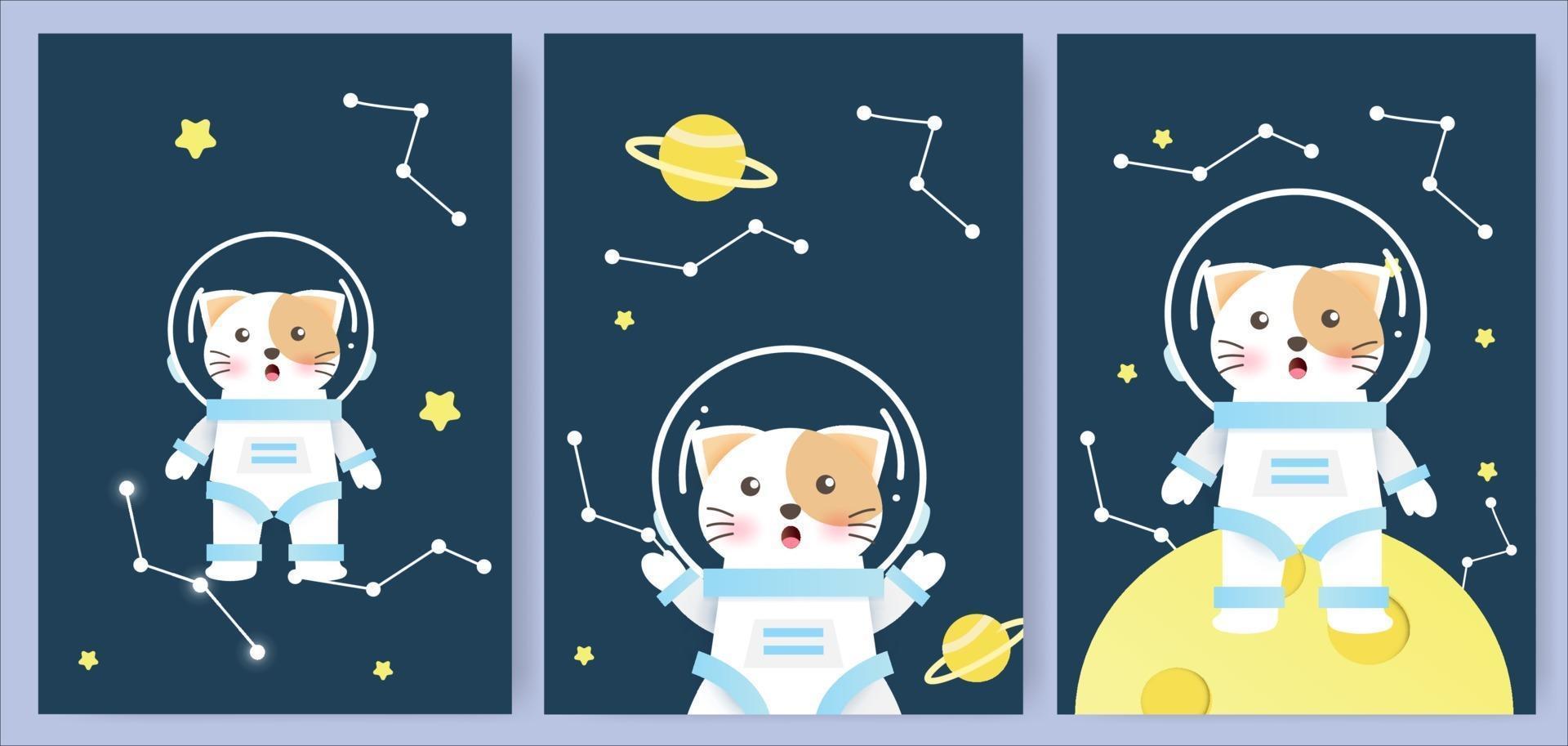 Cute cat in space card set vector