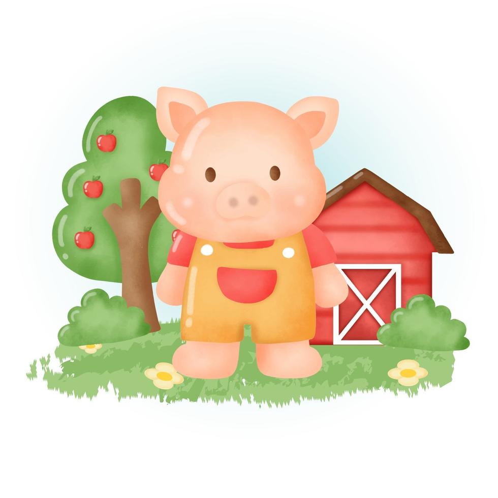 water color hand drawn cute pig cartoon. vector