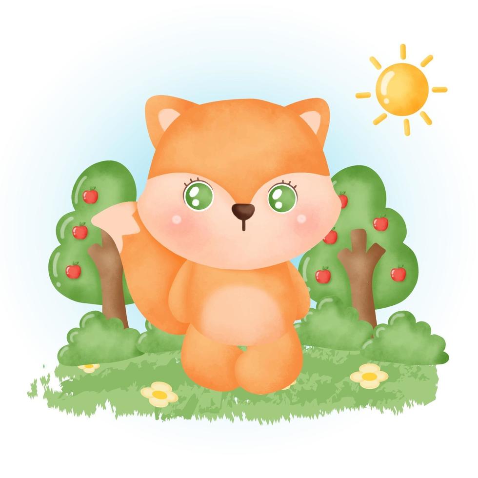 water color cute fox in the forest. vector