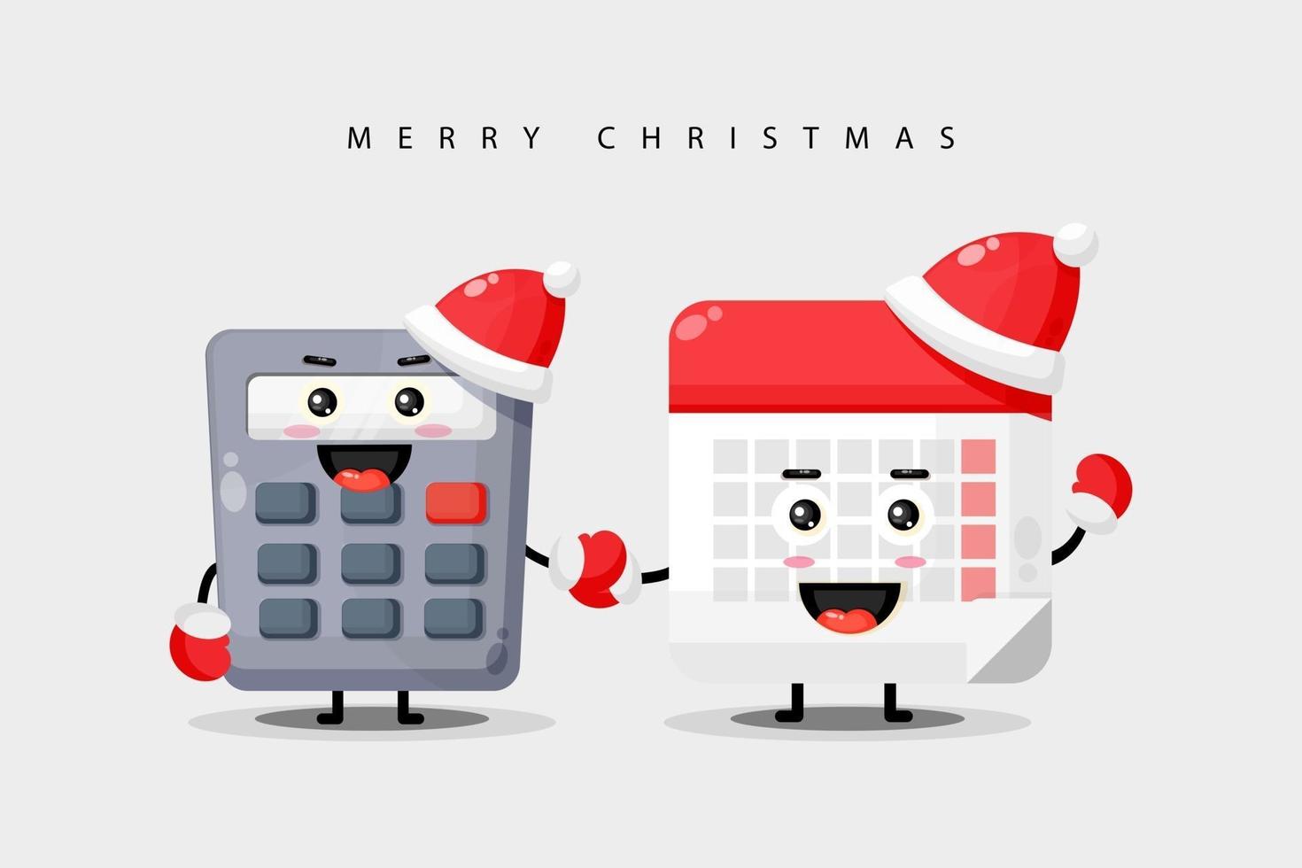 Cute calculator and calendar, mascot holding hands wearing Christmas clothes vector