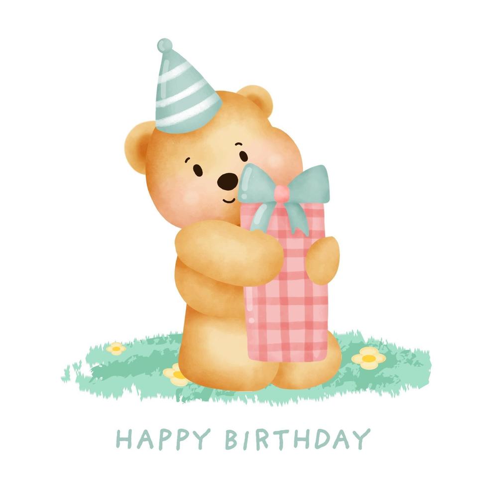 Cute teddy bear holding a gift box for birthday card. vector