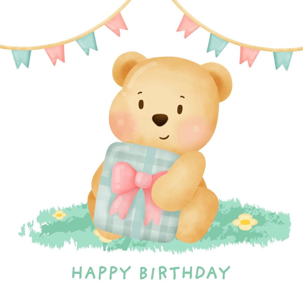 Cute teddy bear holding a gift box for birthday card. vector