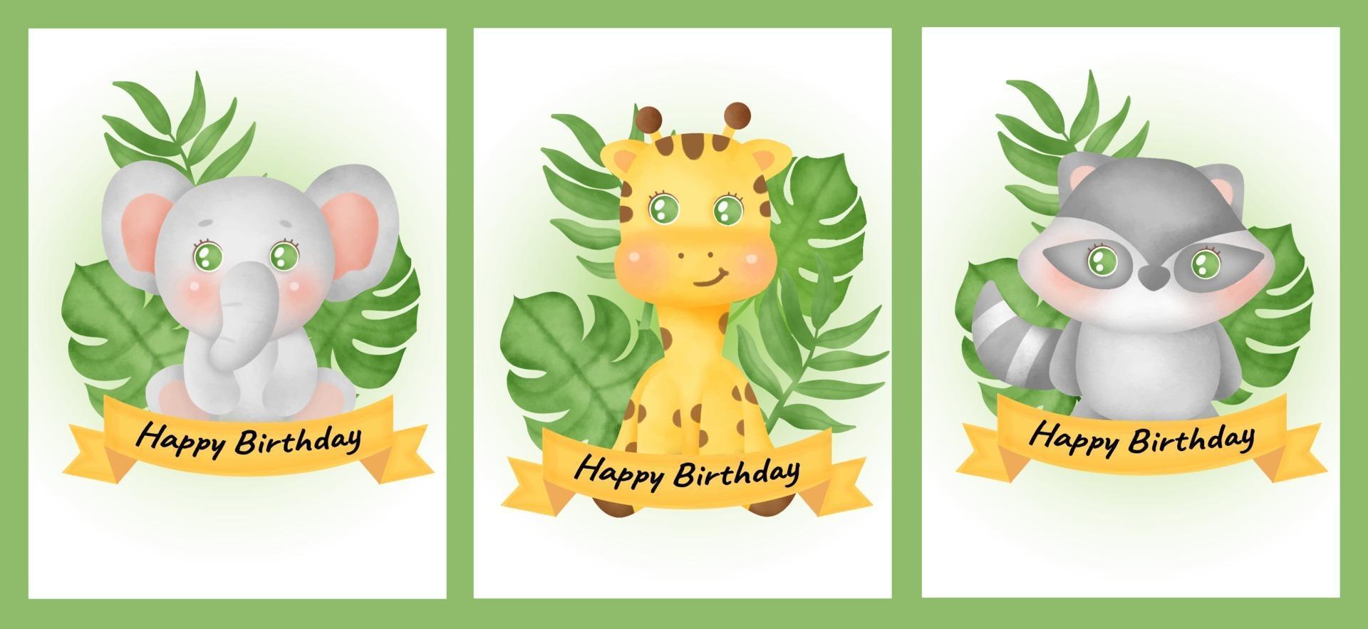 set of birthday cards with elephant, giraffe and raccoon  in water color style. vector