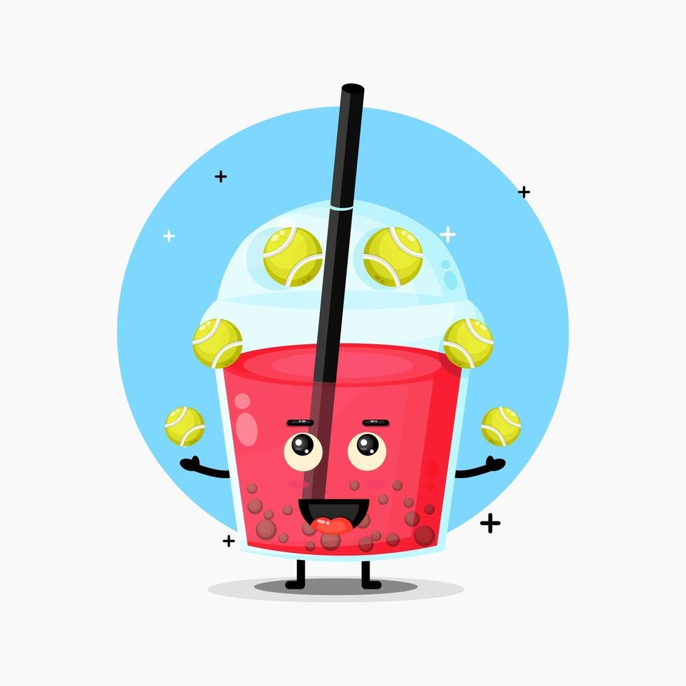 Cute bubble tea mascot playing tennis ball vector