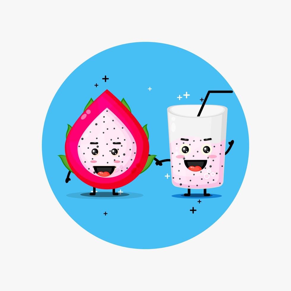 Cute dragon fruit and dragon fruit juice mascot holding hands vector