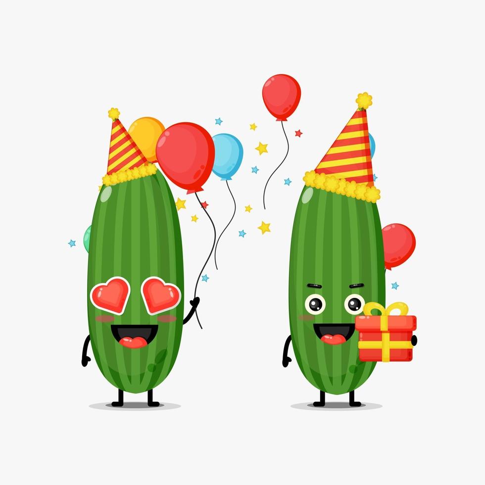 Linda mascota de pepino celebrando un cumpleaños vector