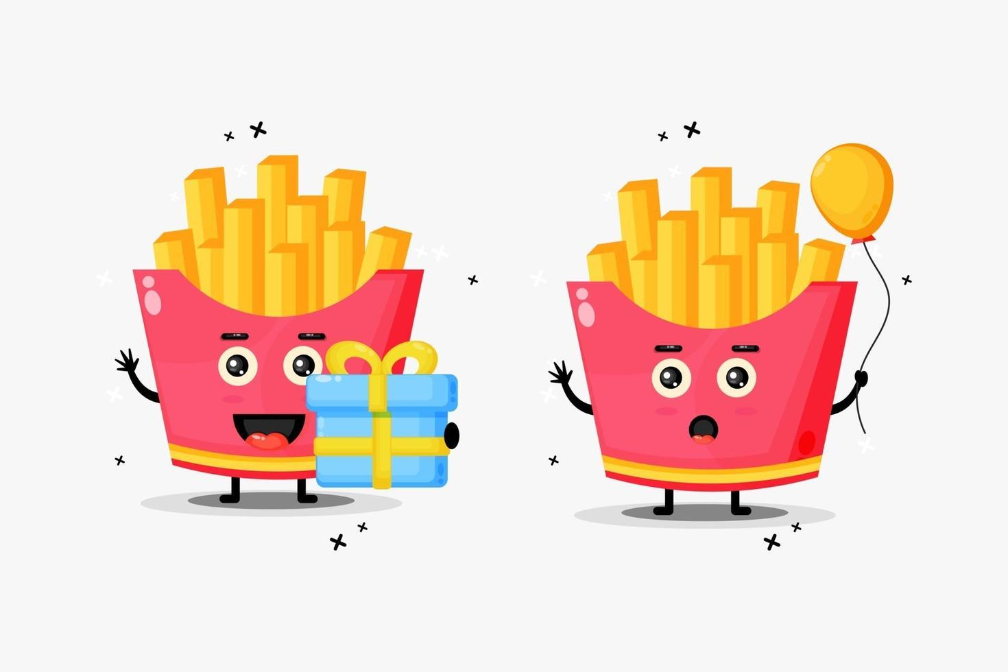 Linda mascota de papas fritas en cumpleaños vector