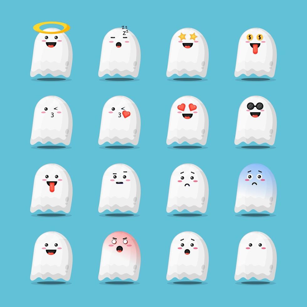 Cute halloween ghost with emoticons set vector
