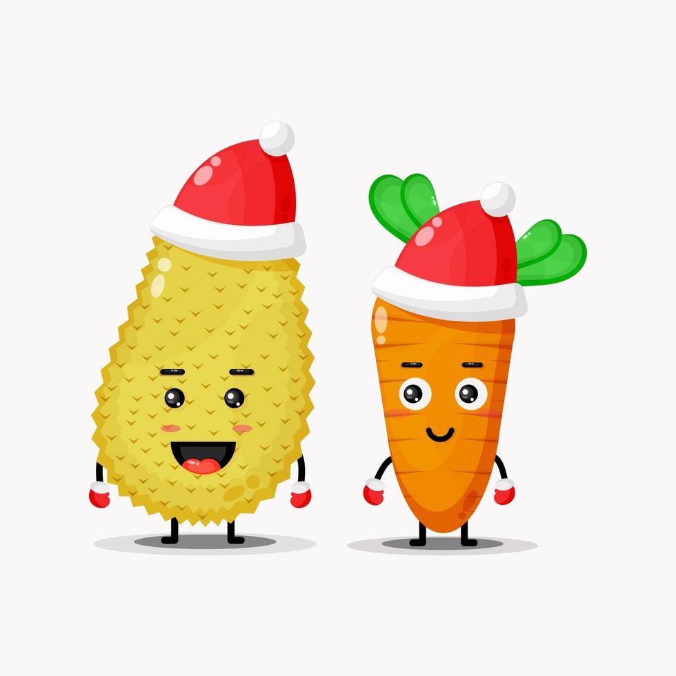 Cute jackfruit and carrot mascot with Christmas hat vector