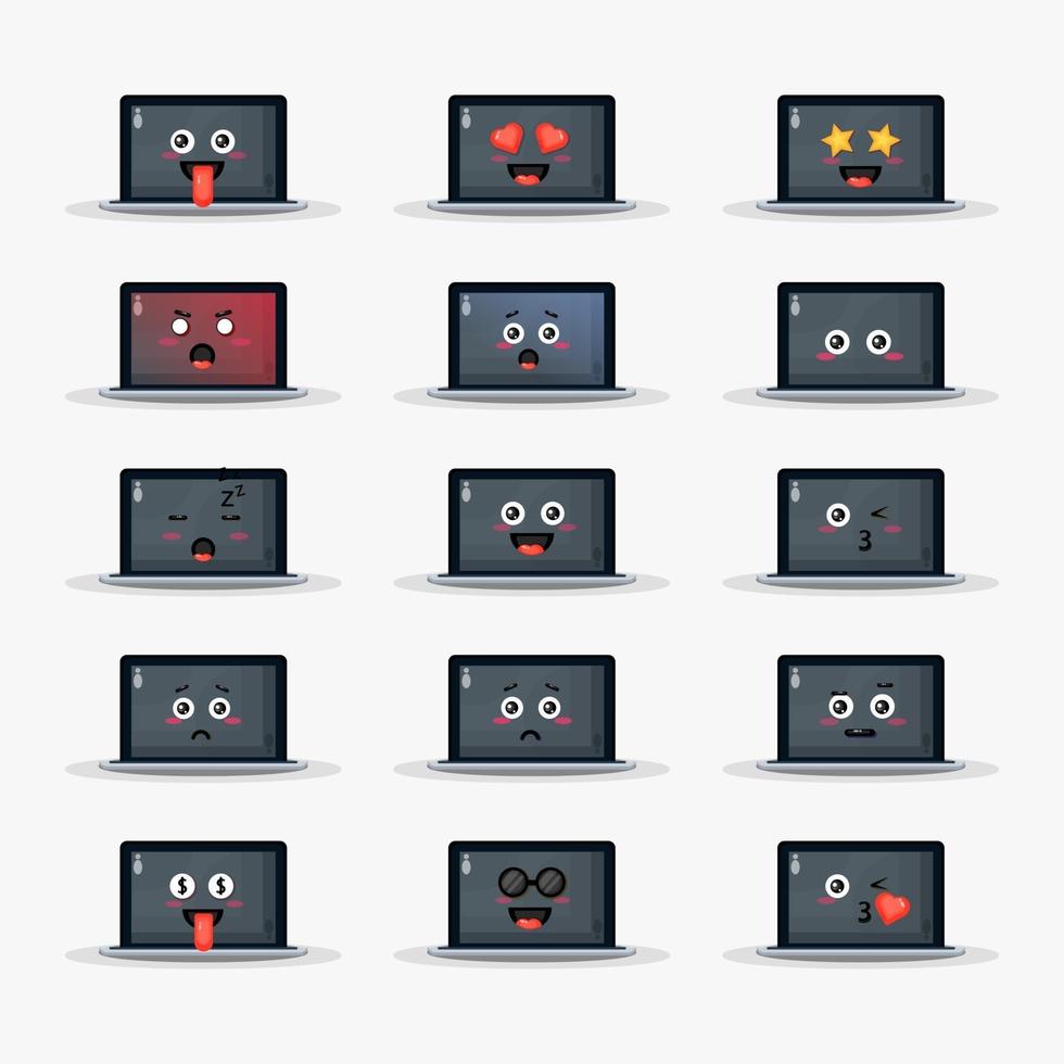 Cute laptop with emoticons set vector